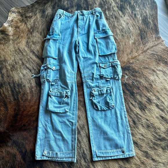 Gold X Teal Denim Cargo Pants NWT - Picture 1 of 7